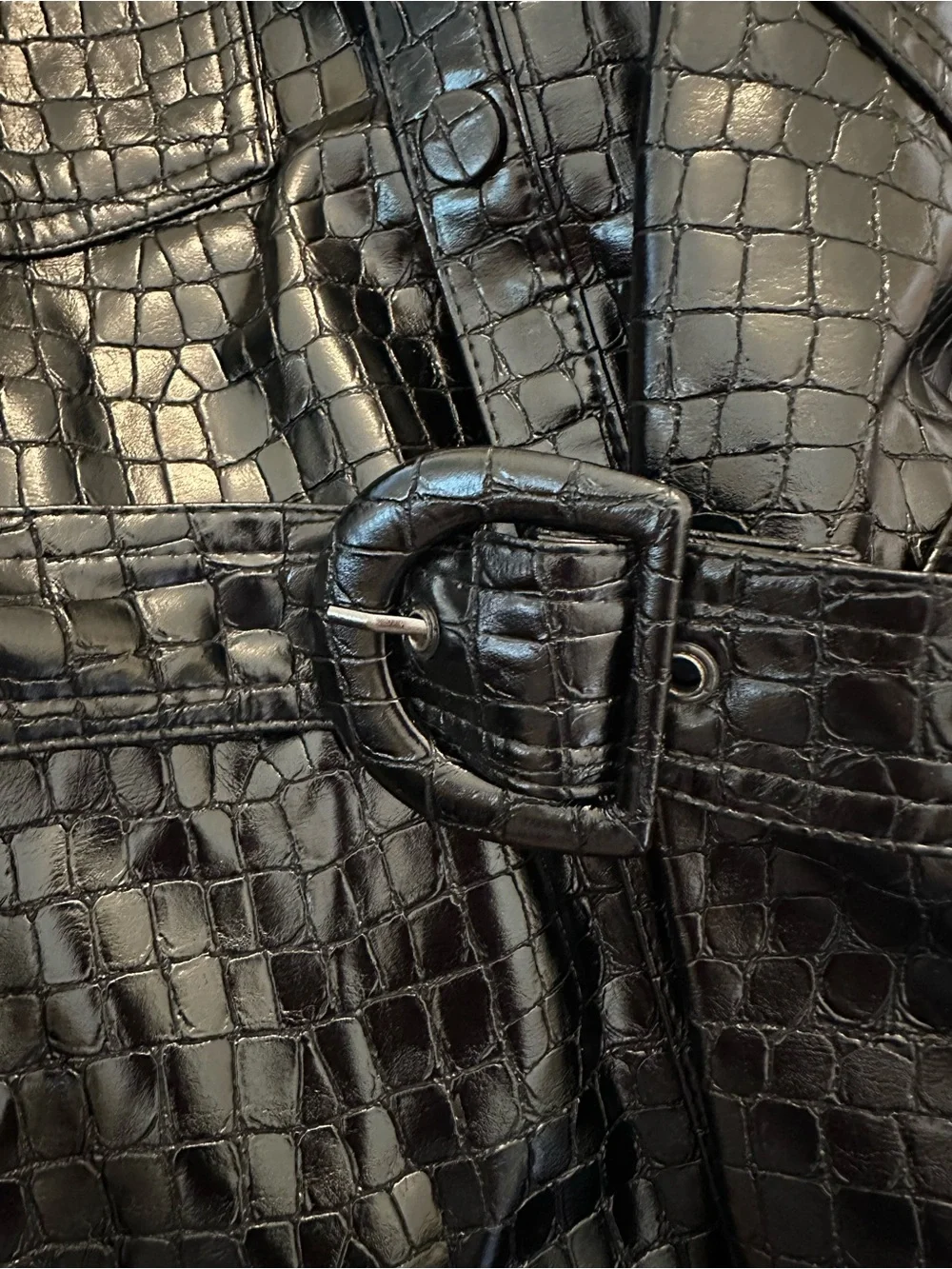 ZARA Black Faux Leather Croc Embossed Shirt Belted Jacket NWT